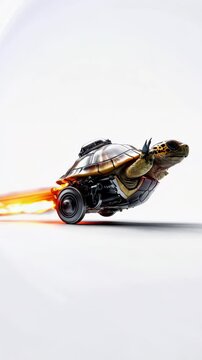 Fast Turtle: A Whimsical CGI Animation of a Rocket-Powered Turtle Racing Across a White Background