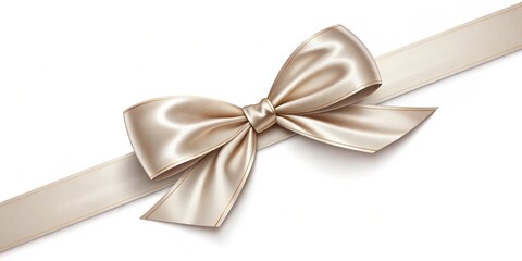 Fototapeta premium Elegant champagne satin ribbon bow with thin gold trim on white background