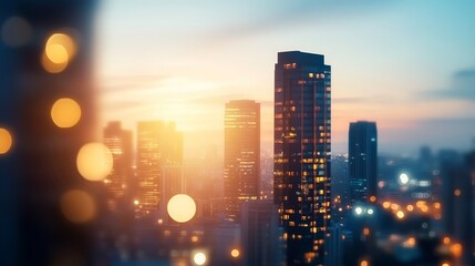 A city skyline at sunset, showcasing tall buildings and a blurred foreground with lights.