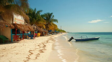 A serene beach scene with huts, palm trees, and a boat on a sunny day.
