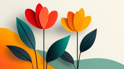 Fototapeta premium Colorful Paper Flowers with Green Leaves Against Soft Background