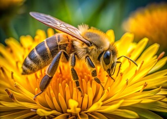 Close-up of a Busy Bee Pollinating a Yellow Dandelion Flower