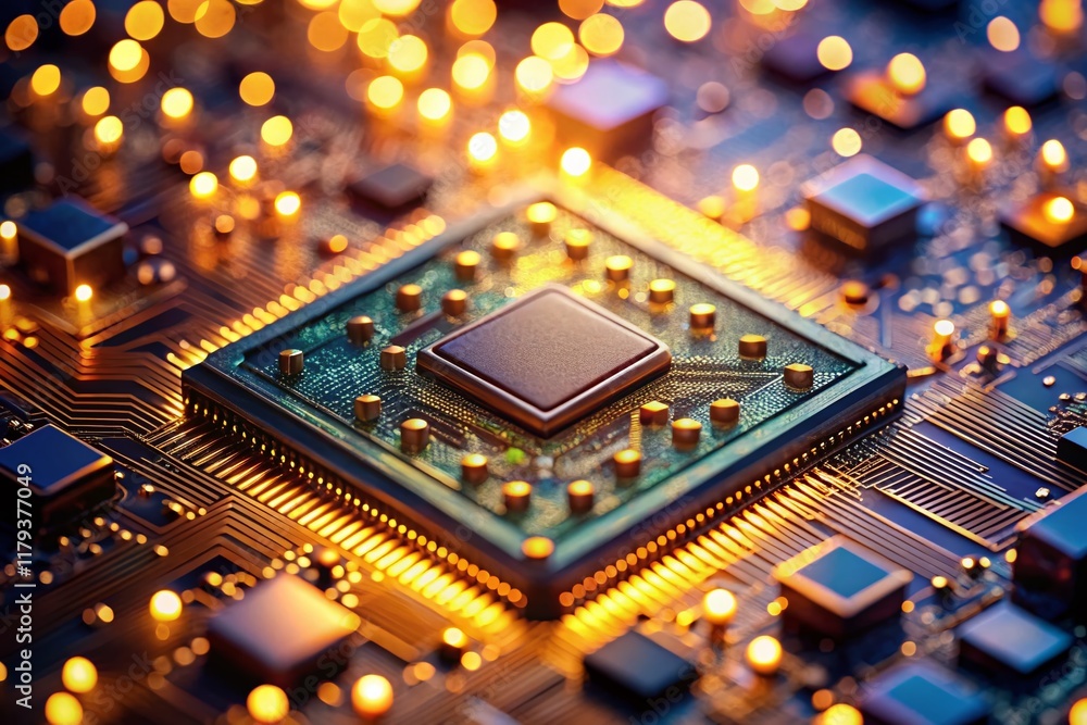 Poster close-up of a computer chip with bokeh background, showcasing intricate circuitry and technological 