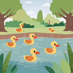 Ducklings swimming in the pond. Cute cartoon vector illustration.