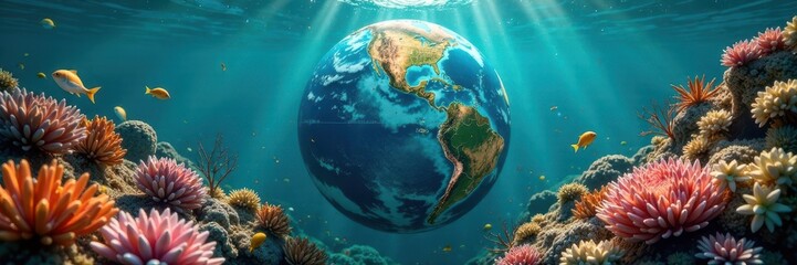 A globe partially submerged in water, surrounded by lush aquatic plants and colorful coral formations , plants, scenery