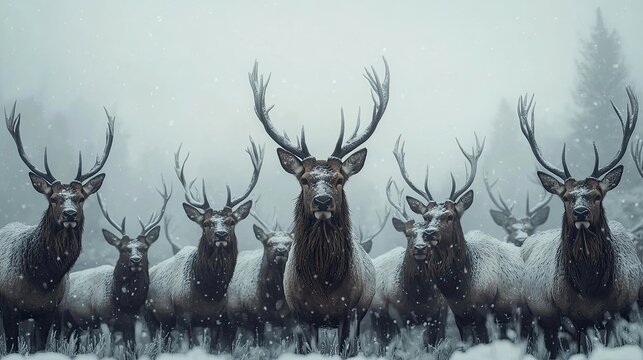 A herd of elk huddled together in a snowy meadow, their antlers creating a forest of spikes against the gray sky.