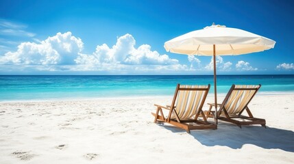 Obraz premium A serene beach scene with two lounge chairs under an umbrella by the ocean.