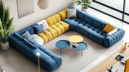 Modern U-shaped sectional sofa in blue and yellow with round coffee tables.
