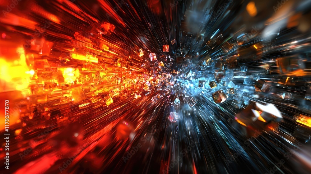 Poster abstract explosion of colorful cubes: a vibrant digital art composition, showcasing dynamic motion a