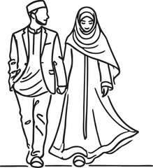 Modern Islamic Couple Walking Together. Minimalist Vector Art Illustration
