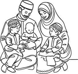 Modern Islamic Family Vector Illustration in Line Art