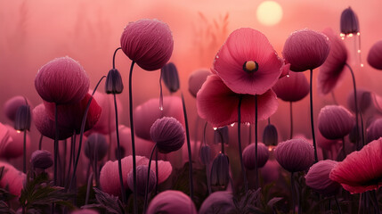 Close-up of a field of balloon flowers in early morning with sun and dew drops