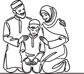 Modern Islamic Family Vector Illustration in Line Art