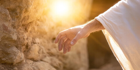 Jesus Christ hand of grace, hope, faith, salvation to trust divine purpose, Good Friday crucifix on Calvary of sacrifice, forgiveness promise of resurrection Bible Easter day.