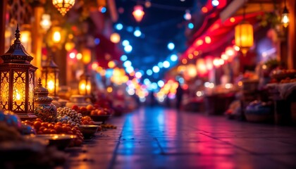 Obraz premium Magical Night Market: Lantern-Lit Street Scene, Festive Atmosphere