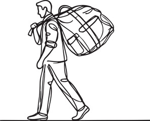 Hard Work and Dedication. Line Drawing of a Man Carrying a Large Bag