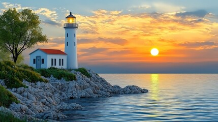 Coastal Lighthouse Sunset Seascape  Beacon shines on rocky shore at golden hour; calm ocean background; ideal for travel brochures.