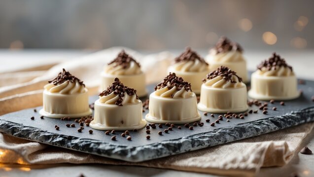 Delicate Creamy Desserts with Chocolate Sprinkles on Slate Serving Board.