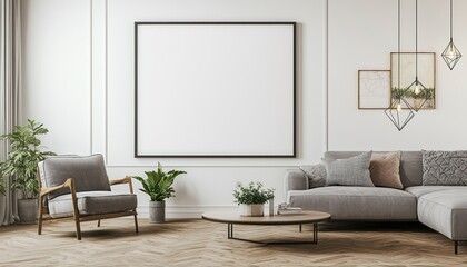 Family room with empty frame, wooden floorboards, and grey minimalist furnishings.