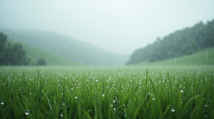 Fototapeta premium Rainy Day in the Verdant Meadow: Nature's Serene Embrace
