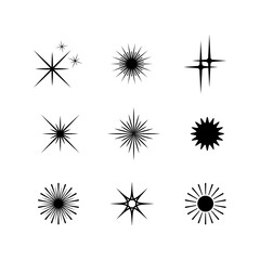 Star shape flash silhouette set, Collection of twinkling stars and sun rays decorative symbols for design. Vector icons y2k style basic shapes geometric graphic elements.
