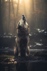 A wolf howls at the moon, its eyes glowing in the darkness, surrounded by a misty forest. Wildlife Animals.