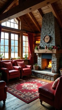 Cozy Bergh?tte interior with wooden furniture and fireplace, berghutte, cozy