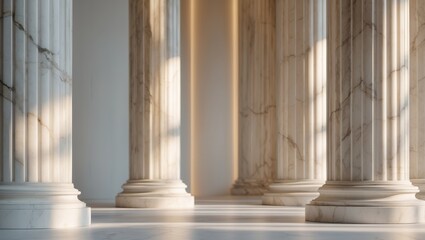 Elegant Interior of Marble Columns with Soft Light and Shadows.