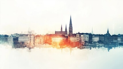 Naklejka premium A serene cityscape reflecting on water, featuring spires and buildings in soft colors.