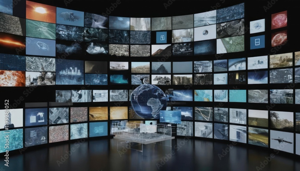 Poster global data visualization: a 3d render of a world of screens displaying diverse content