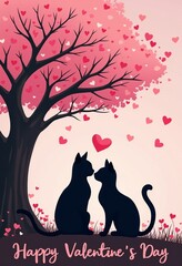 Charming Valentine's Day Garden Flag with Black Cats and Cherry Blossoms - Celebrate Love with Adorable Felines in a Romantic Pink Sky