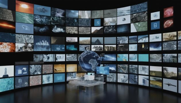 Global Data Visualization: A 3D Render of a World of Screens Displaying Diverse Content