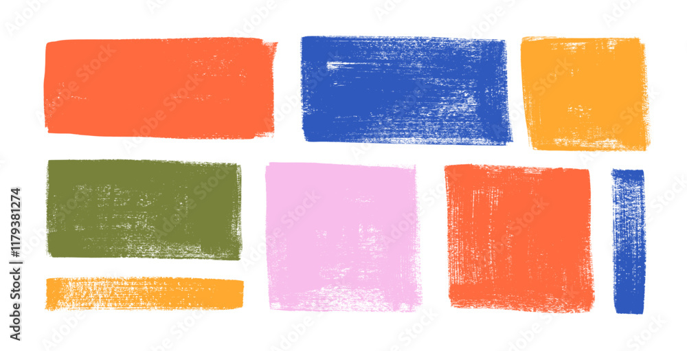 Poster hand drawn colorful grunge brush strokes, rectangles and squares shapes. abstract texture frames for