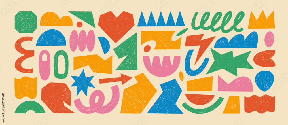 Poster Crayon drawn geometric shapes and figures collection. Hand drawn vector naive forms, primitive and basic shapes with pencil texture. Funky trendy retro forms, cartoon kid stickers, doodle elements.