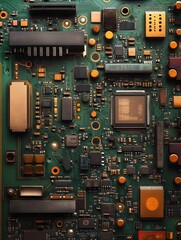 Fototapeta premium A cross-section of a computer motherboard with labeled chips and connections.