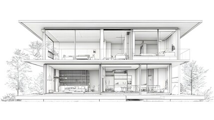 A cross-section view of a building showing rooms and structural details in line art.