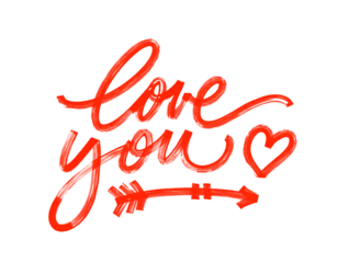 Bold brush drawn love you phrase with arrow and heart. Hand drawn romantic modern calligraphy. Lettering typography poster or card. Modern red lettering for Valentine's day, cursive thick text.