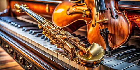 Obraz premium Close-up of Violin, Saxophone, and Piano Keys - Musical Instruments Still Life