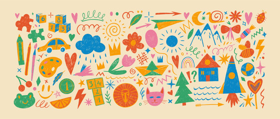 Funky childish doodles and icons drawn with crayon. Cute kid scribble doodle icons set.