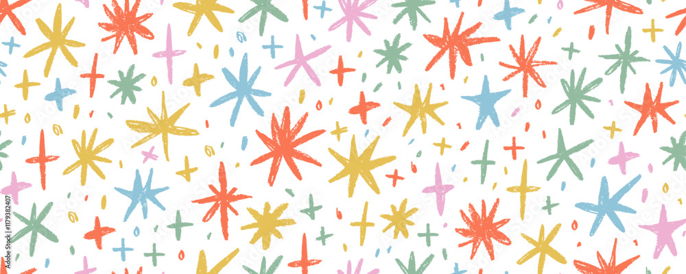Poster colorful seamless pattern with crayon drawn stars, sparks and sparkles. hand drawn childish backgrou