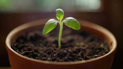 Young Sprout Emerging, Tiny Plant Growth in Terracotta Pot