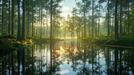 Obraz premium Serene Sunrise Reflection in a Misty Pine Forest Lake