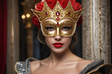 Beauty model woman wearing venetian masquerade carnival mask at party, over holiday background. Christmas and New Year celebration. Sexy girl with holiday makeup and manicure. Red lips and nails