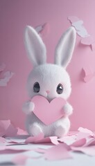 Cute 3d Plush White Bunny Doll Pink Heart Torn Pink Paper Background Happy Valentine's Day Greeting Card Copy Space