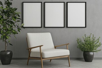 Reading nook with a single modern armchair and 3D-rendered poster frames for a serene vibe.