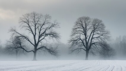 Serene winter landscape with bare trees and plowed field under overcast sky.