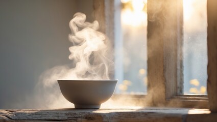 Steaming Bowl on Wooden Windowsill with Soft Natural Light Evoking Warmth and Tranquility.