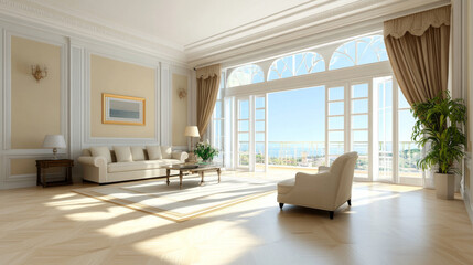 Fototapeta premium Elegant bright living room illuminated by natural light, featuring large windows and stylish furniture. serene atmosphere invites relaxation