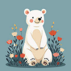 Cute Polar Bear Among Flowers