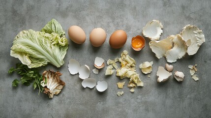 A selection of composting materials like eggshells, vegetable scraps, and organic matter on a gray surface, emphasizing sustainable living and eco-friendly waste disposal.